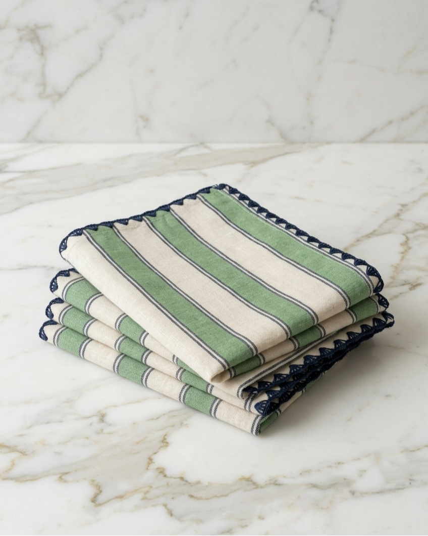 Stack of green and white striped towels on a marble surface