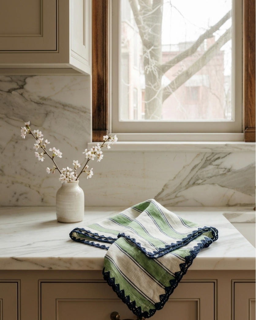 Green and white striped towel on a marble countertop with a vase and flowers in the background.
