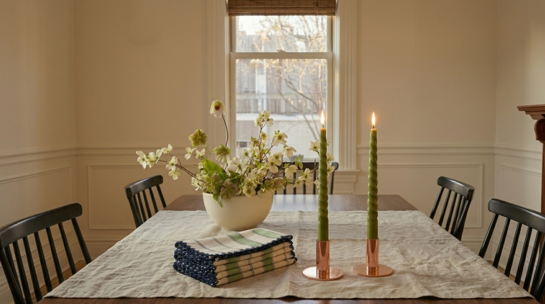 Dining room table set with candles, books, and a vase of flowers.
